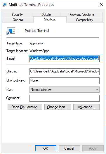 shortcut properties showing that the 'Start in:' and 'Target:' have been fully populated with Terminals path