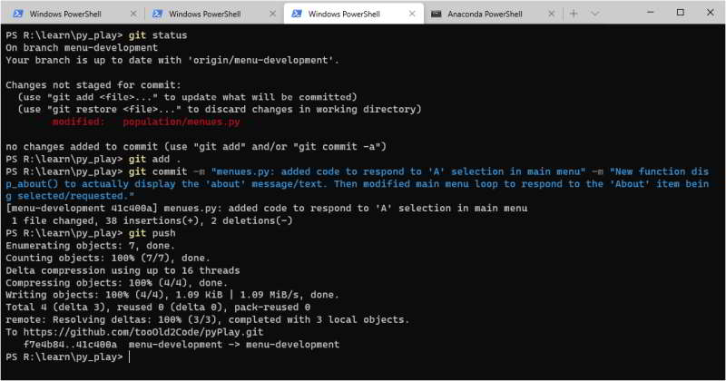 image of terminal window showing git commit for new branch