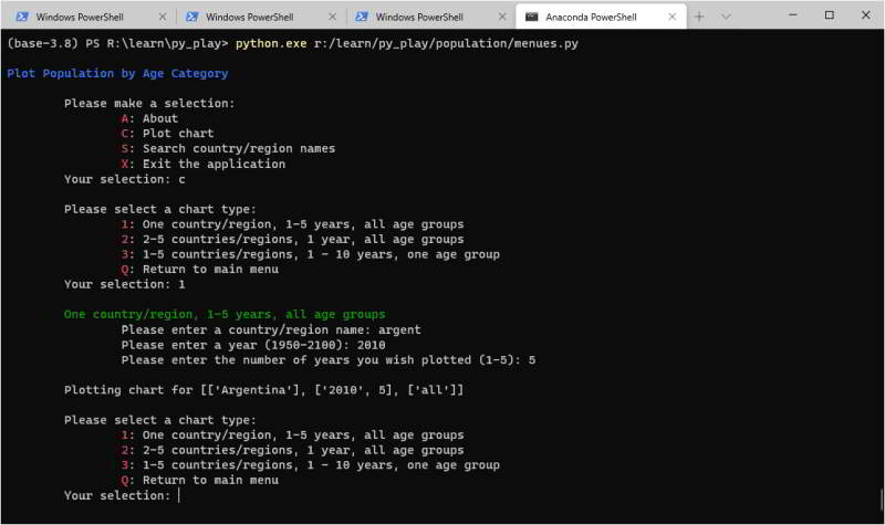 user terminal interaction with menu system for Type 1 chart