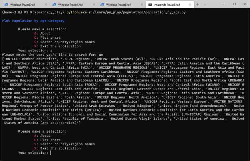 terminal window showing simple search code results for a longer list of matching results