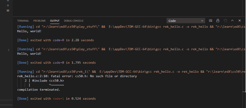 content of VS Code Output window after attempting to build and execute the two c program files mentioned above