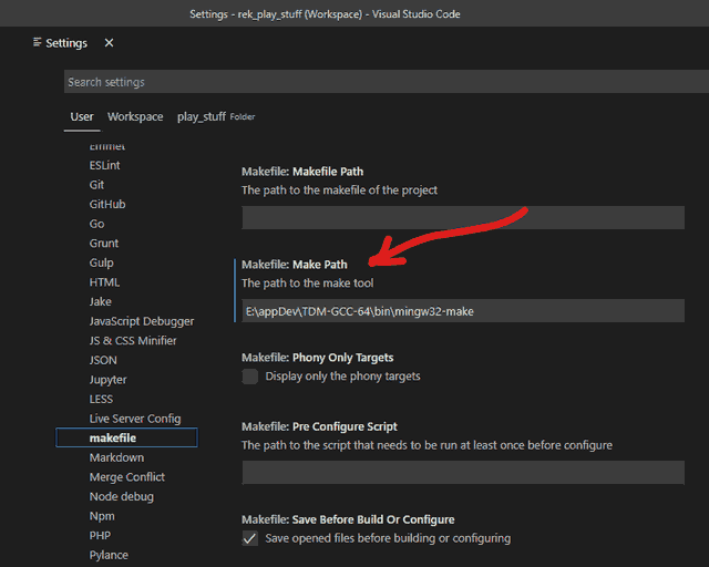 setting make path setting for Makefile Tools