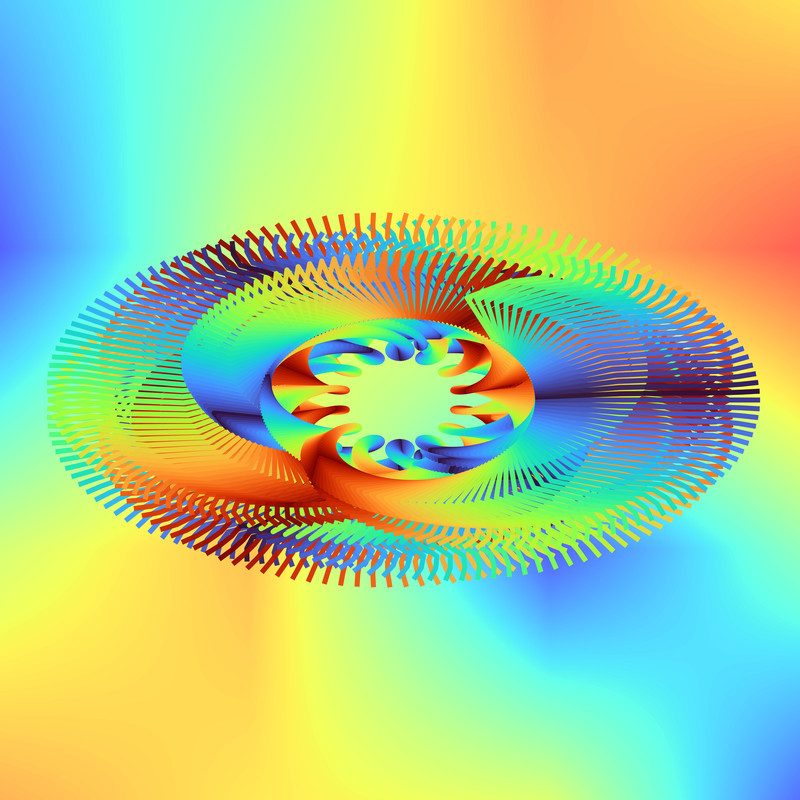 image of plot generated using the spirograph script but with blotchy colour background, background colourmap differs from curve colourmap