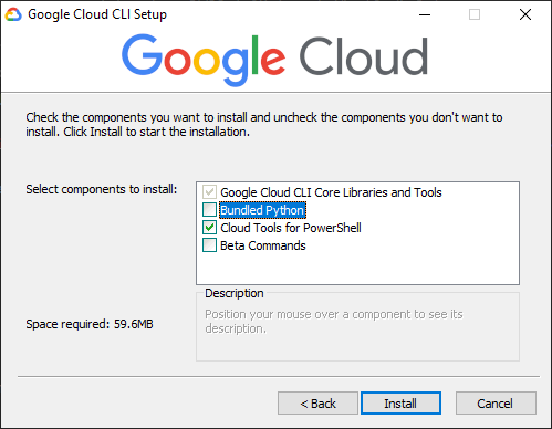 screen shot of gcloud installer window