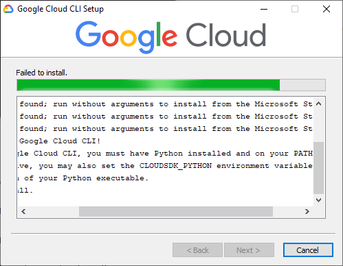 screen shot of gcloud installer window showing cause of failure