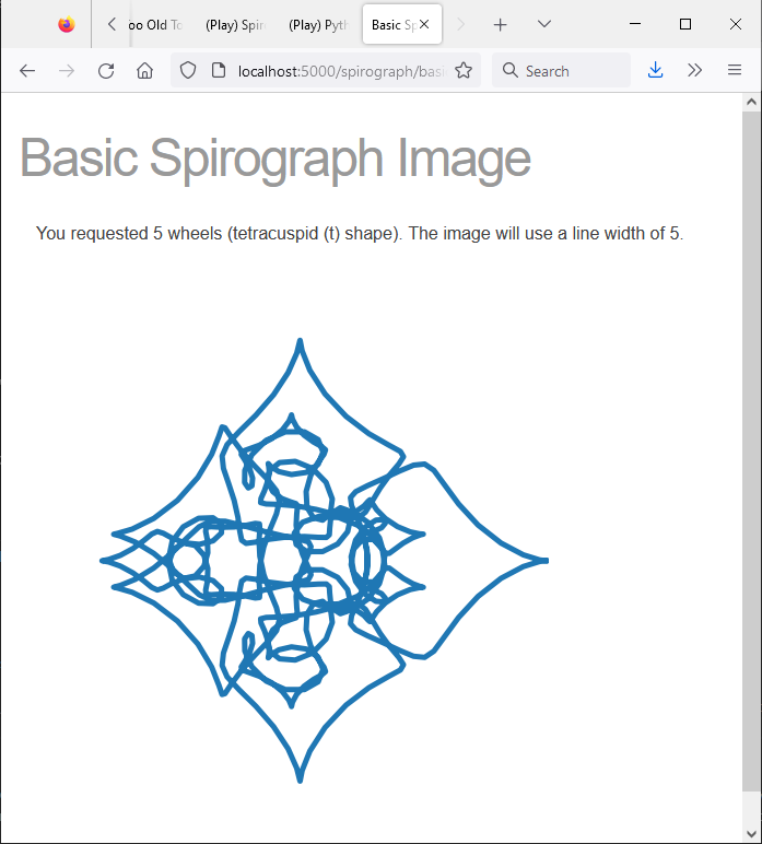 screen shot of basic spirograph using tetracuspid shaped wheels in browser