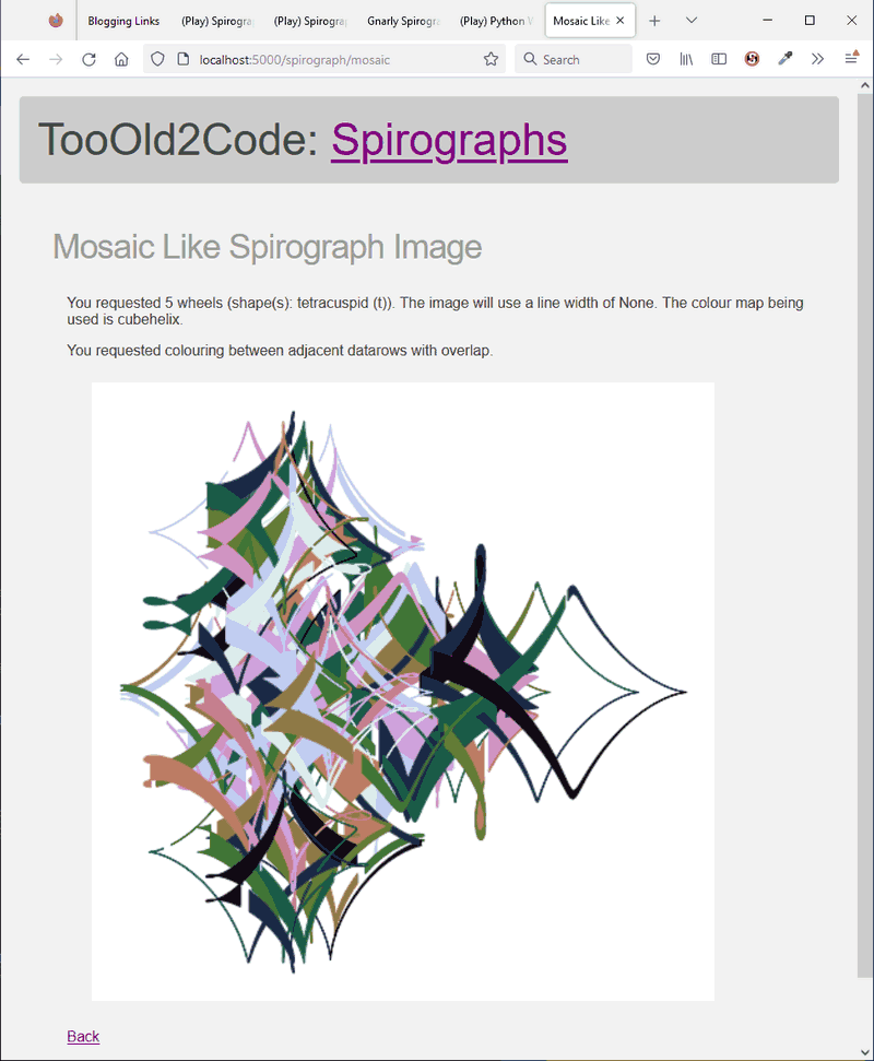 screen shot of mosaic like spirograph image with 48 colour sections per datarow pairing