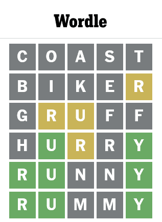 failing, last Wordle guesses (rummy)