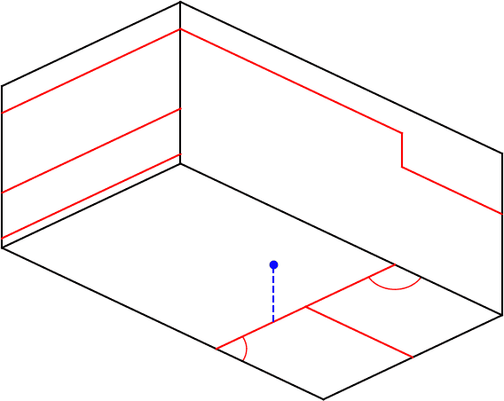 isometric view of a hardball doubles court with a ball 8.5 feet above the t-line