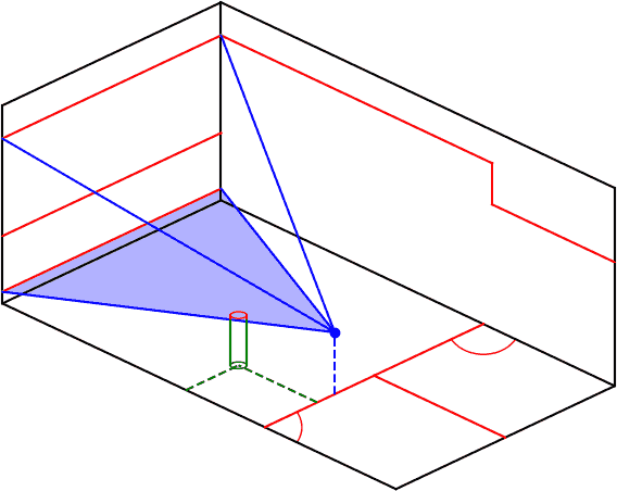 isometric view of a hardball doubles court with a ball, resulting 3-D pyramid and symbolized opponent showing interference if player upright