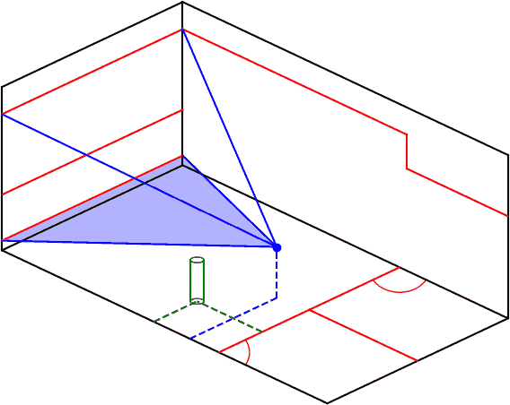 isometric view of a hardball doubles court with  ball, resulting 3-D pyramid and symbolized opponent showing no interference if player upright