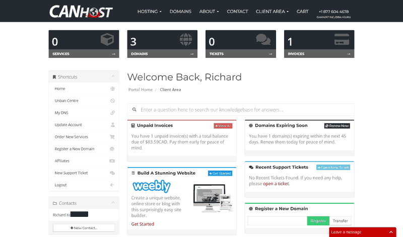 canhost client area home page or dashboard