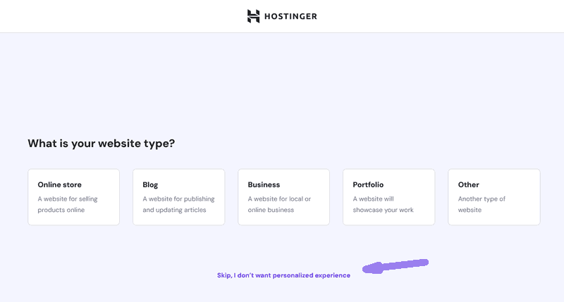 'website type selection' page at Hostinger.com