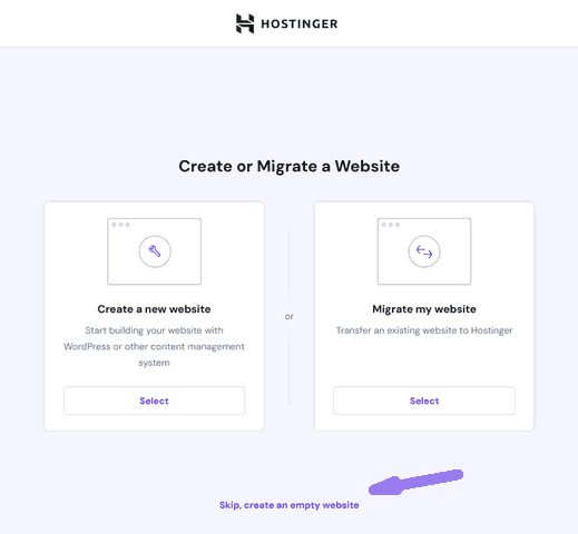 'create or migrate a website' page at Hostinger.com