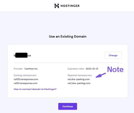 domain confirmation page at Hostinger.com