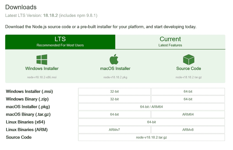 the relavent portion of the Node.js download page