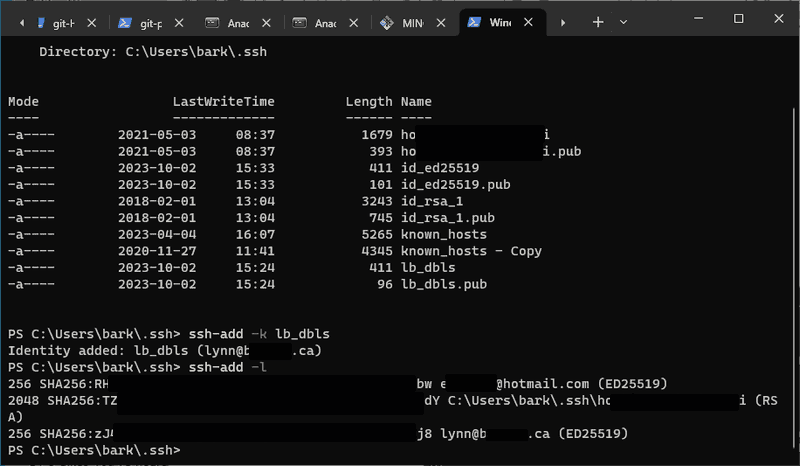 Shot of Powershell tab where I used ssh-add to register Lynn's SSH key with ssh-agent