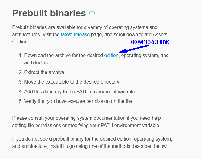 figure showing the instructions for using prebuilt binaries to install Hugo