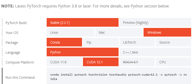 screenshot of Pytorch form to generate installation command