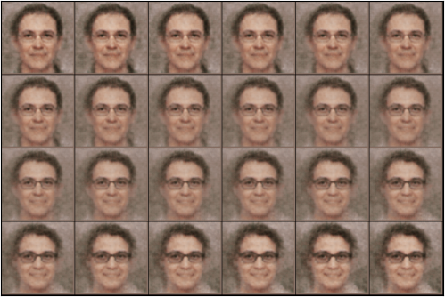 sample of images interpolating between two random feature vectors