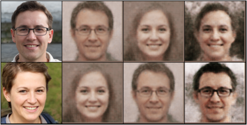 reconstructed images from the subtraction of an average feature vector from a dataset image feature vector followed by the addition of another