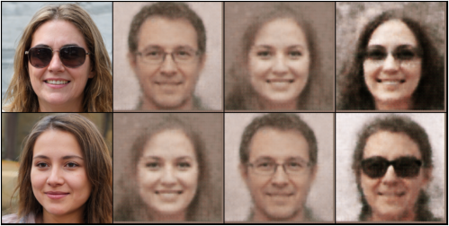 reconstructed images from the subtraction of an average feature vector from a dataset image feature vector followed by the addition of another