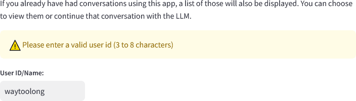 a view of the input area on the page following an attempt to enter an unacceptable user id