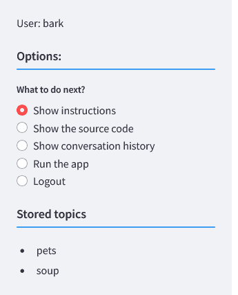 a view of the sidebar after a successful login showing the list of topics in the database for the current user