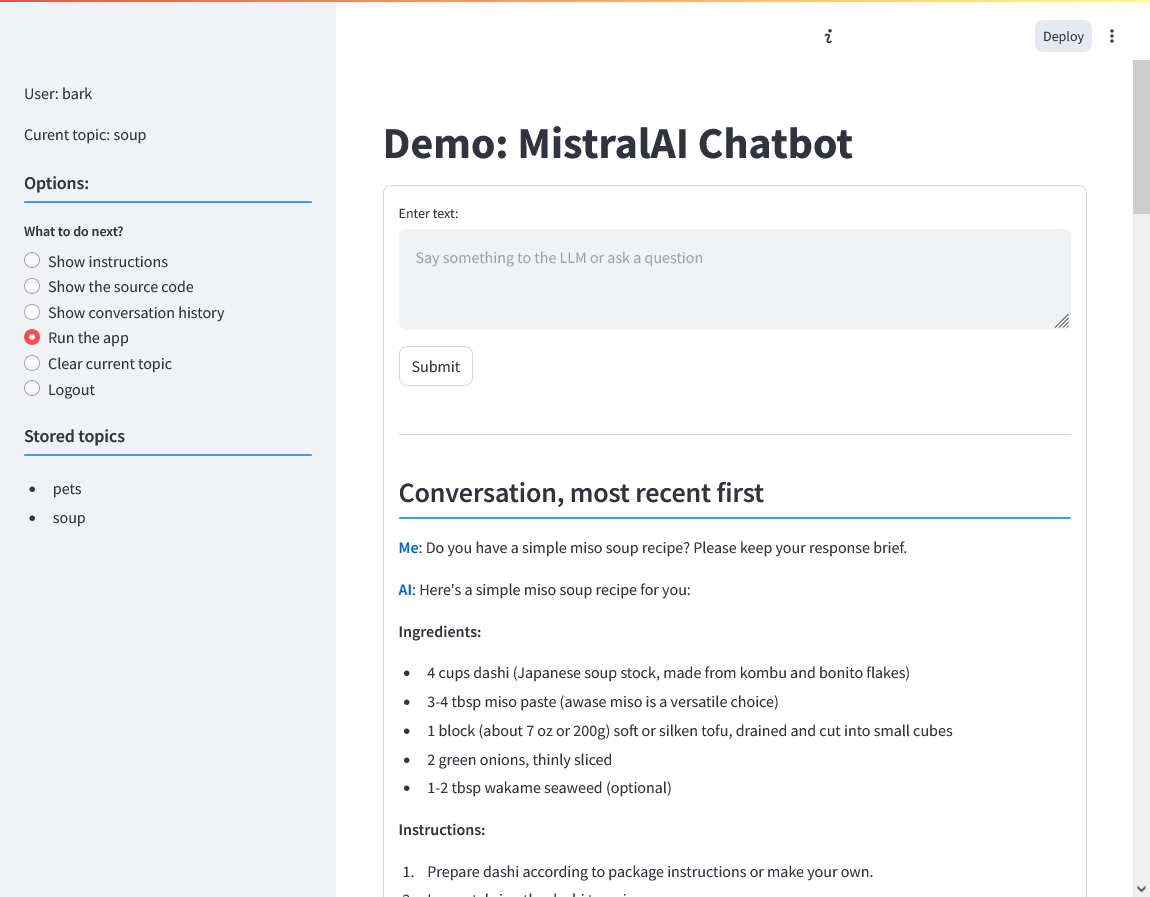 a view of top of page after submitting a request for miso soup recipe to LLM