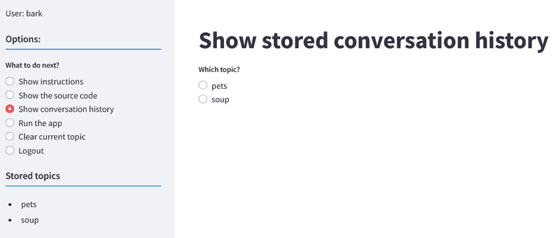 a view of main page showing radio buttons allowing user to select topic after selecting 'Show conversation history' from the menu