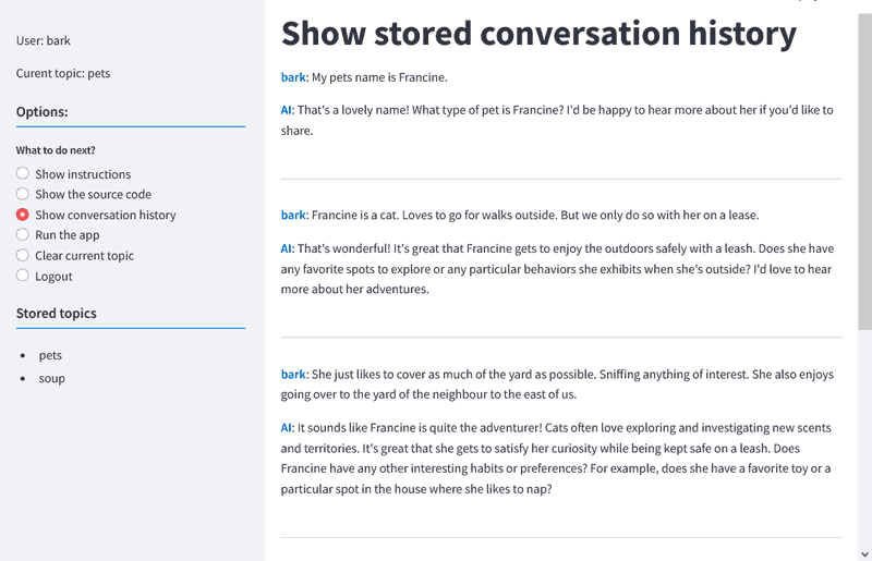 a view of top main page the conversation retrieved from the database after the 'pets' radio button was clicked
