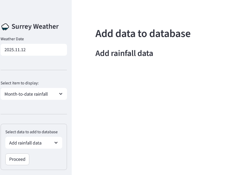 image of a dashboard after 'Add rainfall data' selected in sidebar form