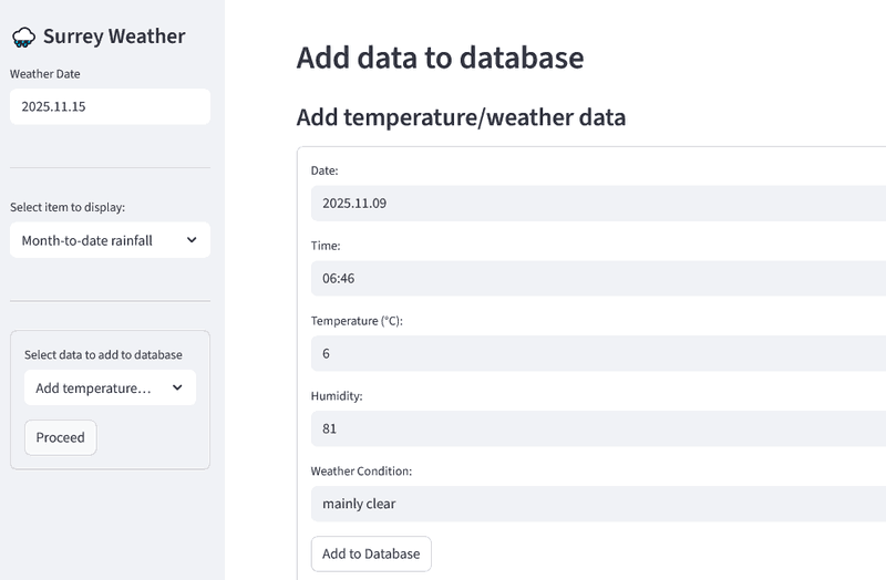 image of the form to update the temperature and/or weather data in the database, with sample data